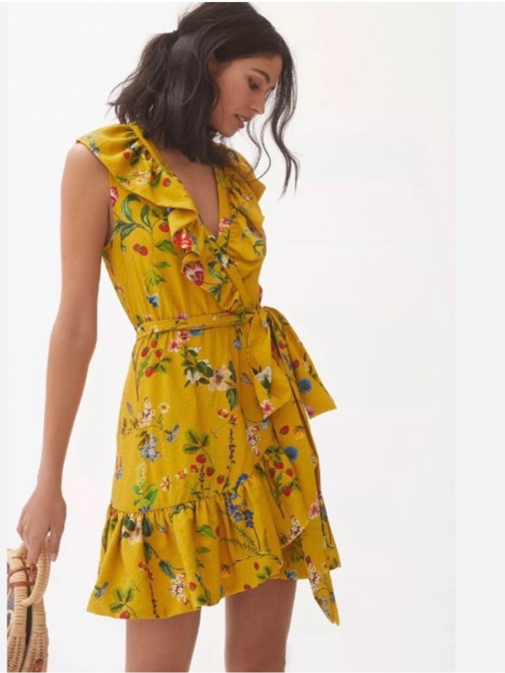 Maeve Yellow Floral Ruffle Tie-Waist Mini Dress